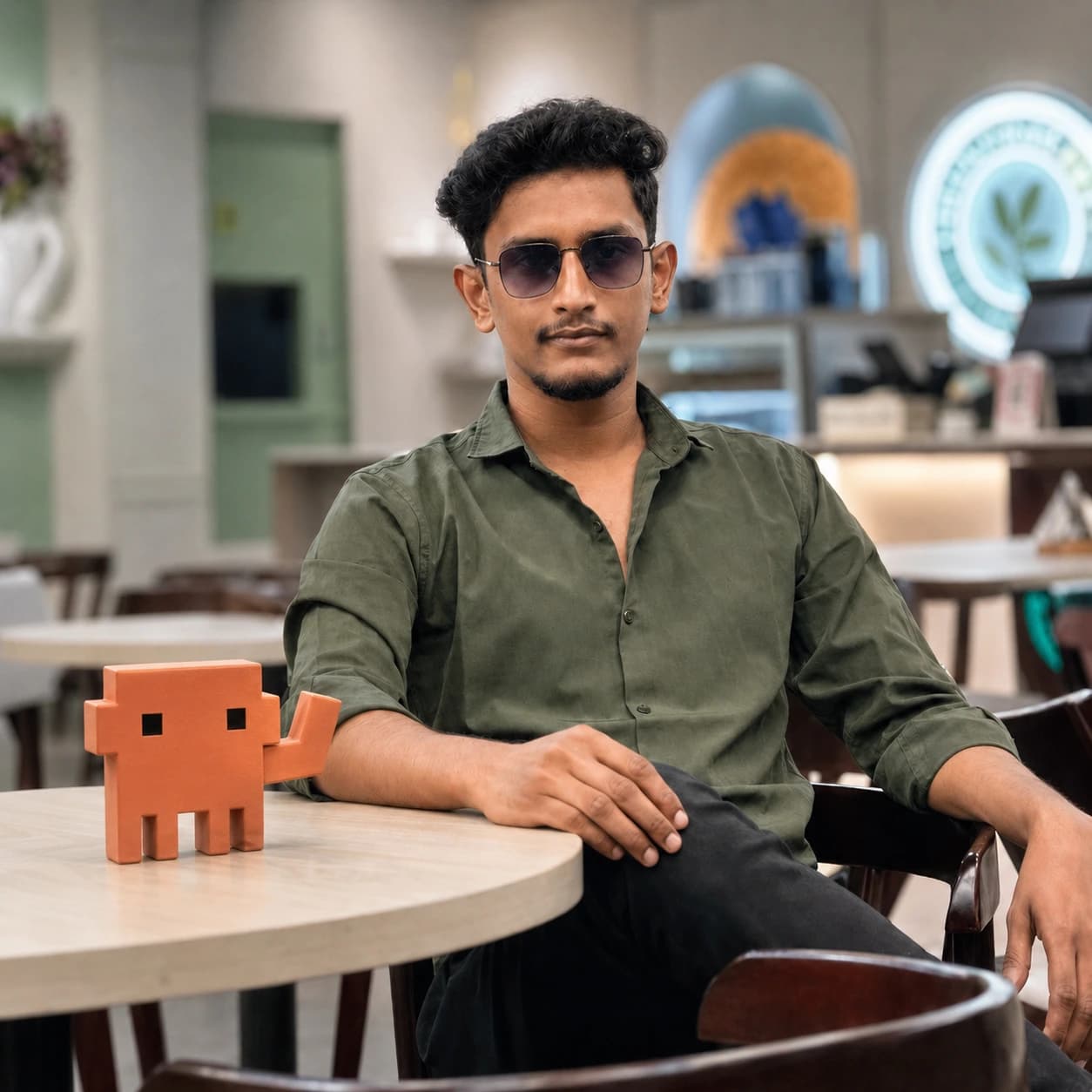 Yasin Mollah seated at a cafe table with the Claude mascot